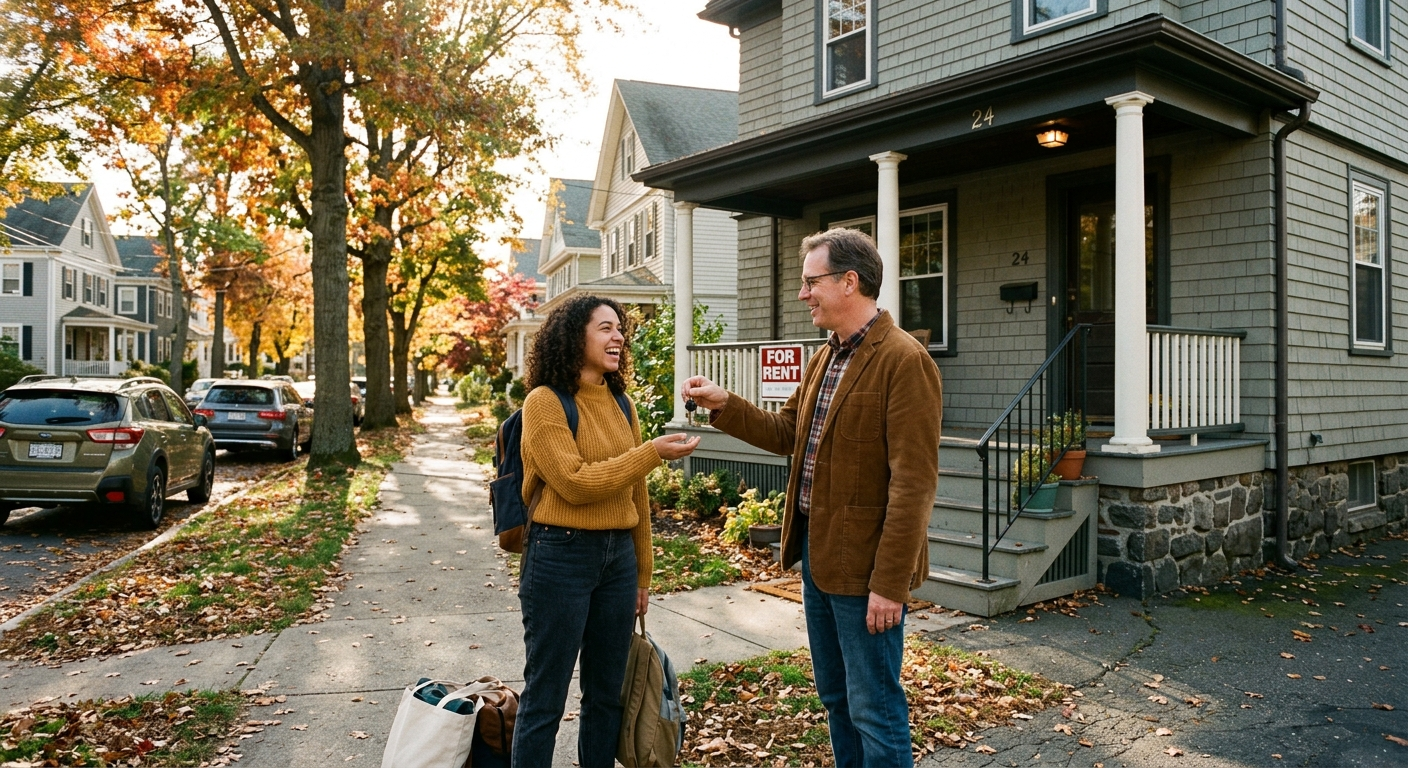 Two-story New England rental home on a quiet street in western Massachusetts on a sunny autumn afternoon