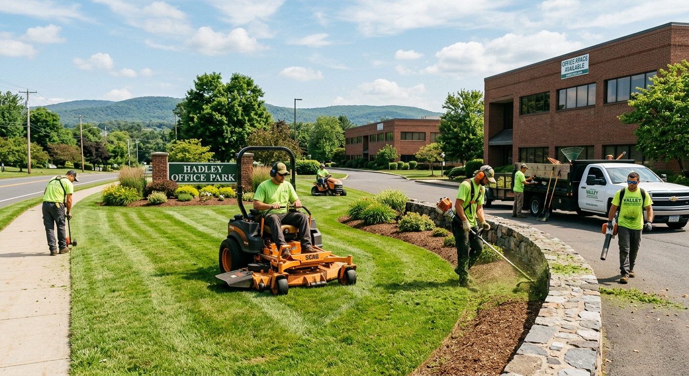 Landscaping crew member operating a commercial mower on a green residential lawn in western Massachusetts on a clear summer