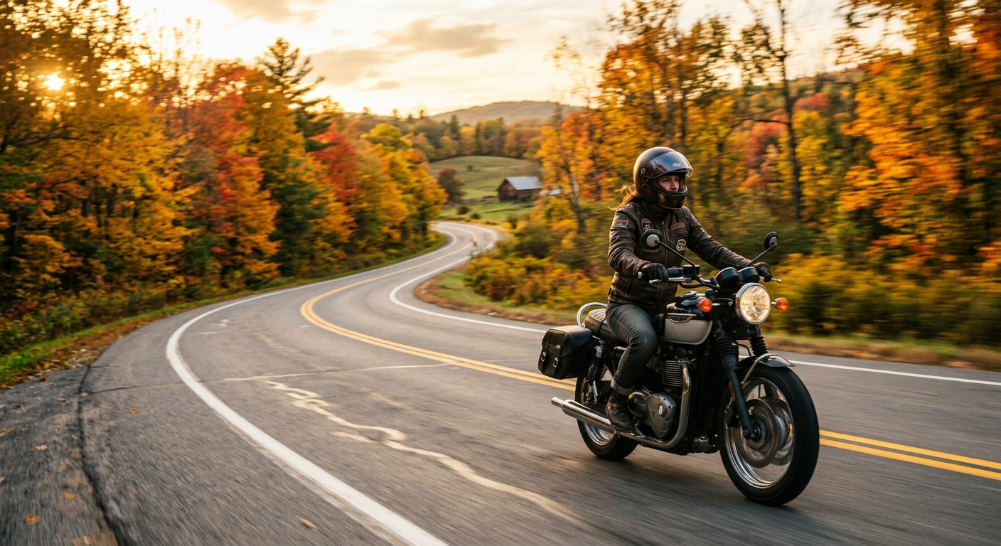 Motorcyclist riding on a scenic two-lane road through autumn foliage in western Massachusetts