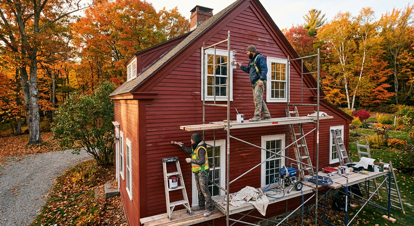 Painting contractor on a ladder applying white exterior paint to a Massachusetts home on a sunny day