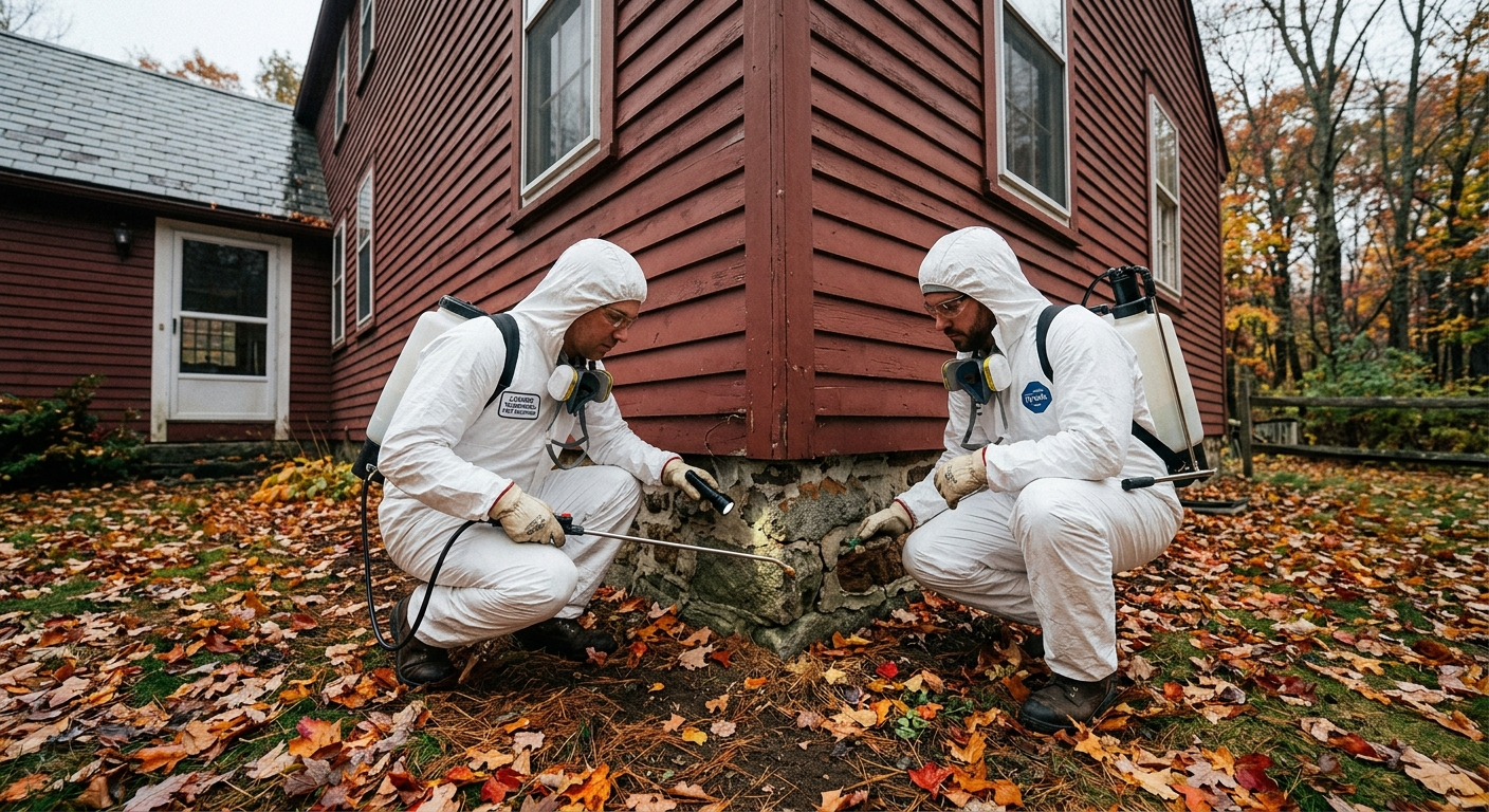 Pest control technician in protective gear inspecting the foundation of a Massachusetts home with a sprayer and equipment