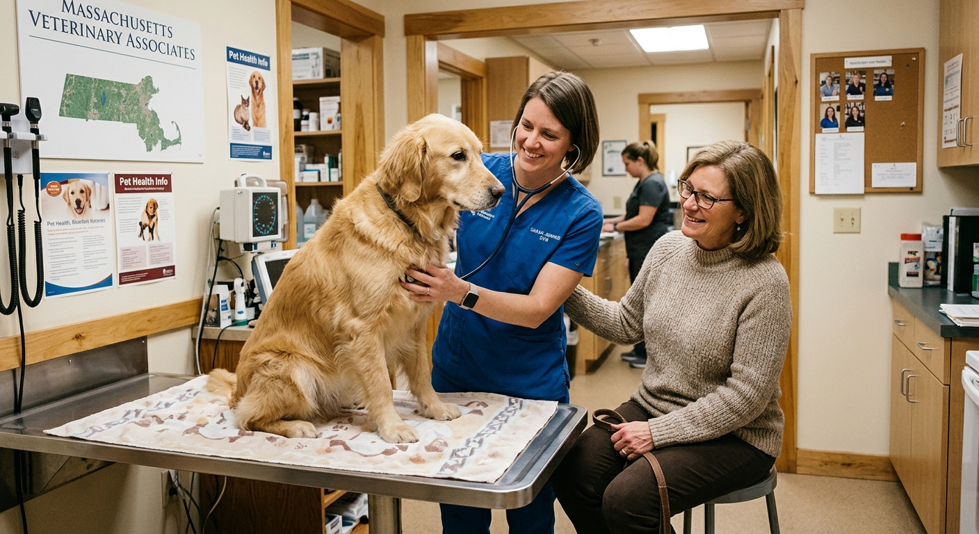 A golden retriever resting on an exam table at a veterinary clinic while a vet listens with a stethoscope