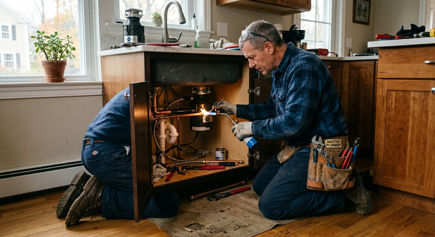 Licensed plumber working under a sink in a Massachusetts home, tools and pipe fittings visible on the floor beside him