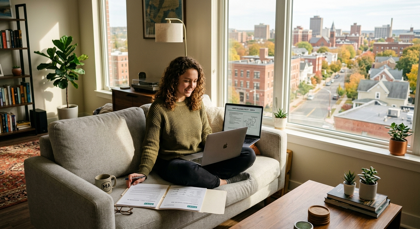 Young woman reviewing renters insurance documents at a kitchen table in a Massachusetts apartment