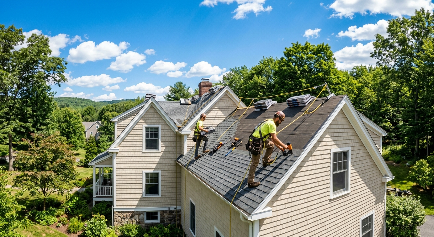 Roofing contractor installing shingles on a residential home roof in western Massachusetts on a clear day