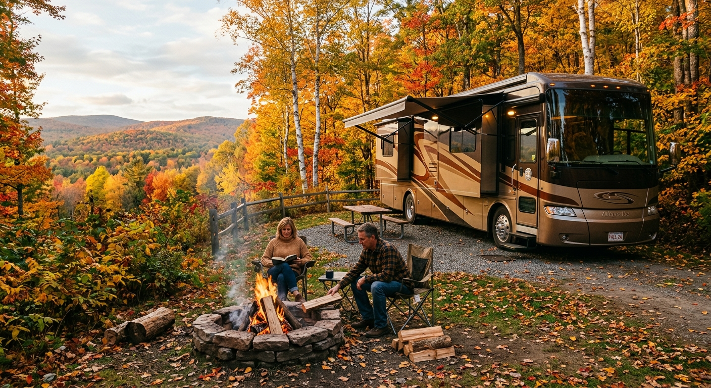 A large Class A motorhome parked at a wooded New England campsite on a clear autumn day