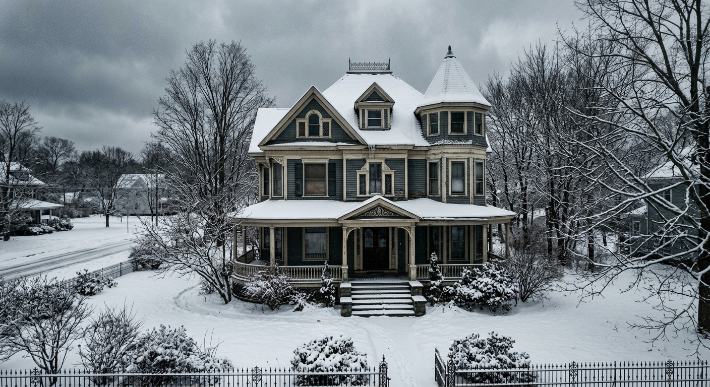 Empty two-story colonial home in winter with snow on the roof and no lights on inside, viewed from the front yard