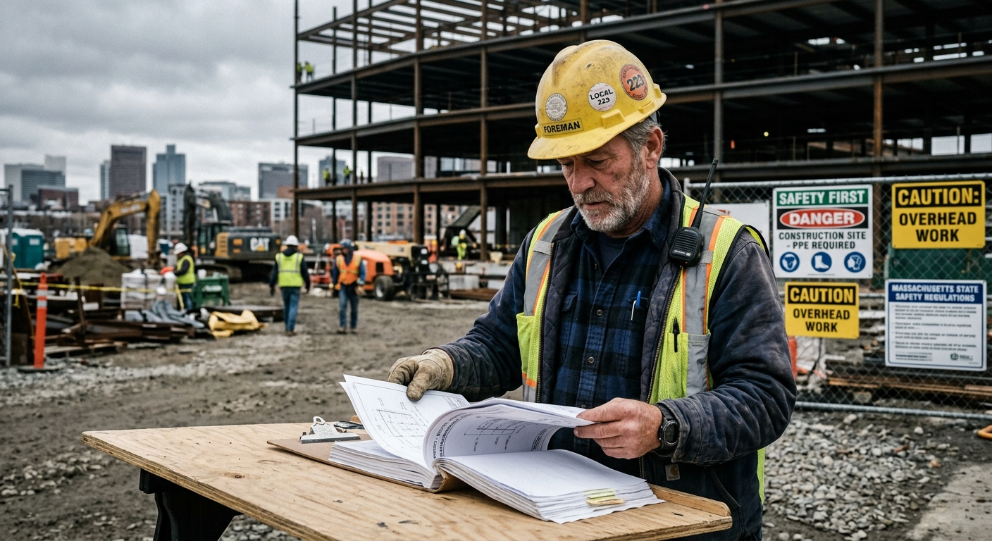 Construction worker in a hard hat reviewing paperwork at a job site in western Massachusetts