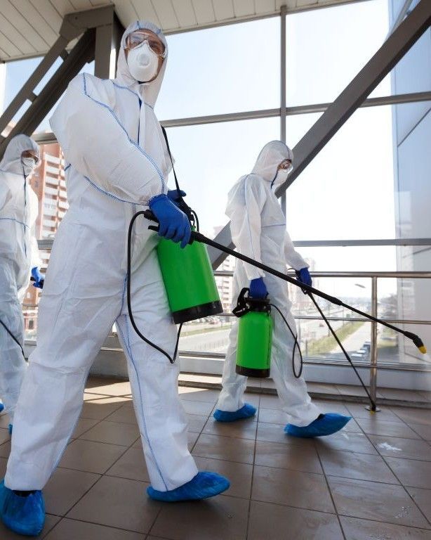A group of people in protective suits are spraying a building