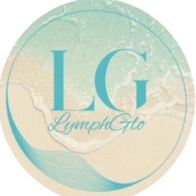 Turquoise and cream circular LymphGlo logo with large “LG” letters and a wave design