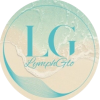Turquoise and cream circular LymphGlo logo with large &ldquo;LG&rdquo; letters and a wave design