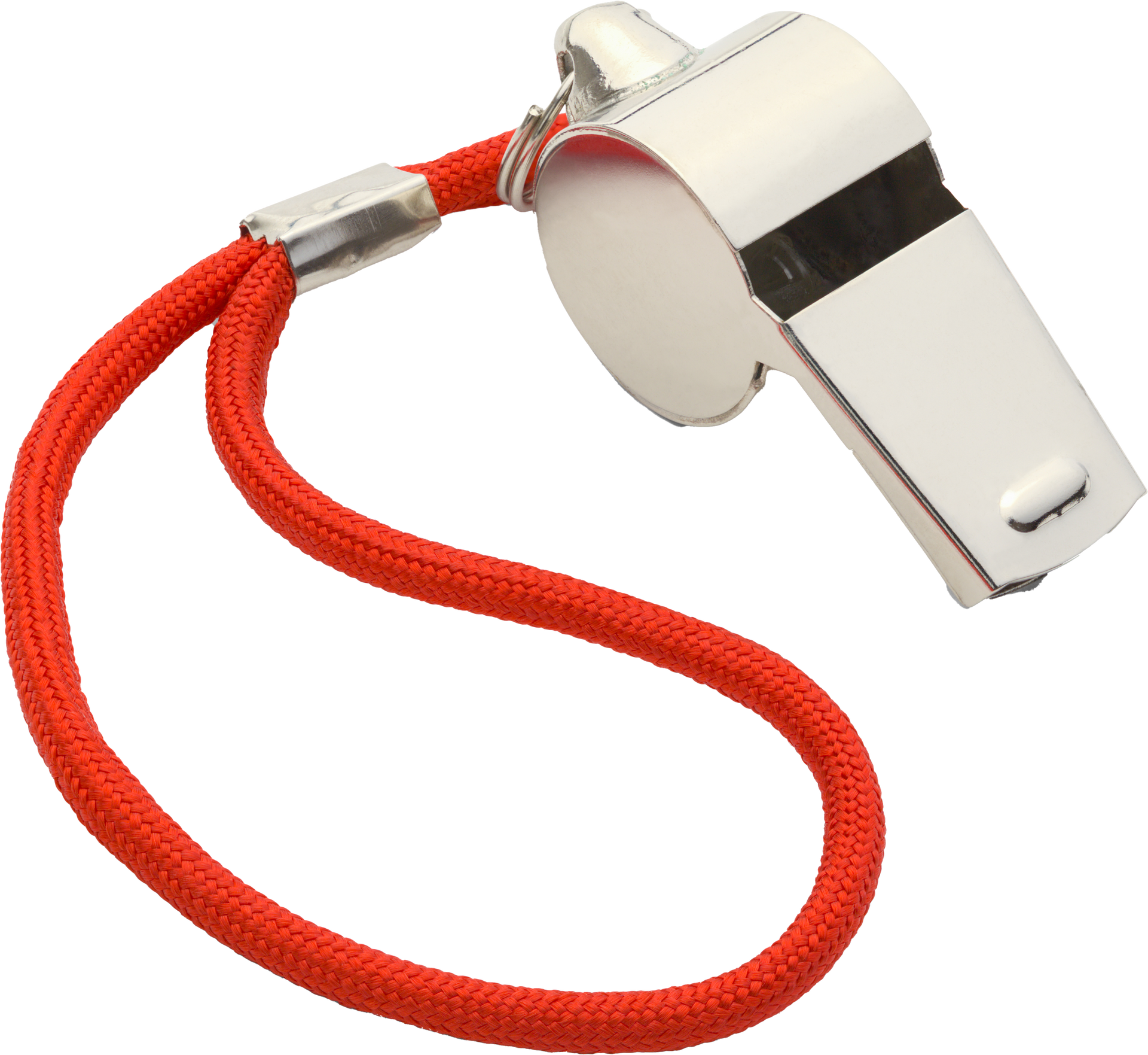 A silver whistle with a red cord attached to it