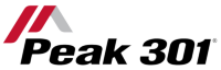 A red and white logo for peak 301 on a white background.