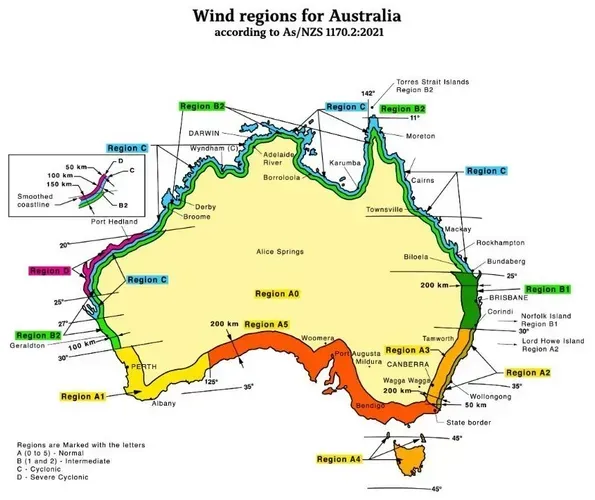 Map of Australia Showing Color-Coded Wind Speed Regions — BF Sheds & Garages In Rockhampton, QLD