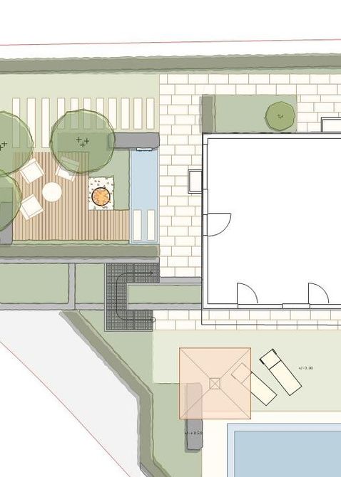 ein Grundriss eines Hauses mit einem Pool und einem Holzdeck