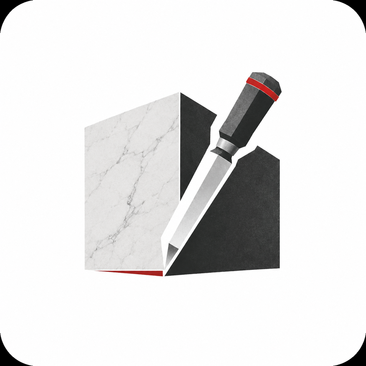 Blocco di marmo con coltello e accento rosso, icona in stile logo