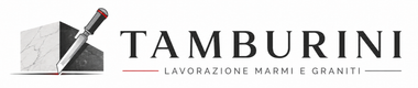 Tamburini logo with a pencil over a marble slab and the tagline “lavorazione marmi graniti”