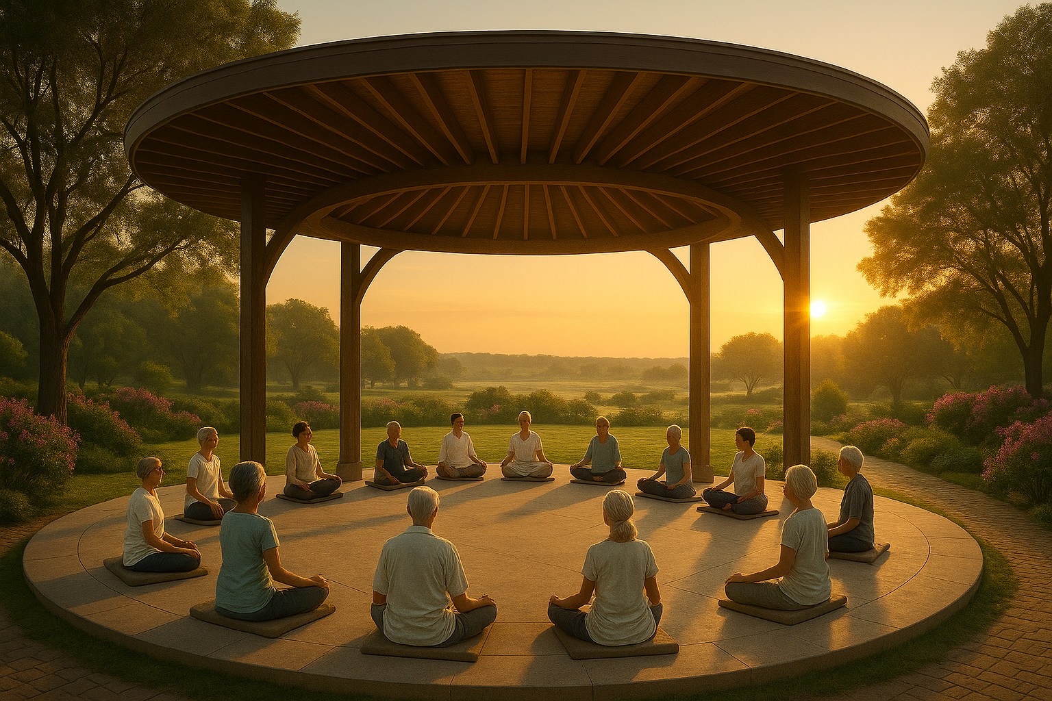 People meditating in a circle under a wooden gazebo at sunset, in a garden.