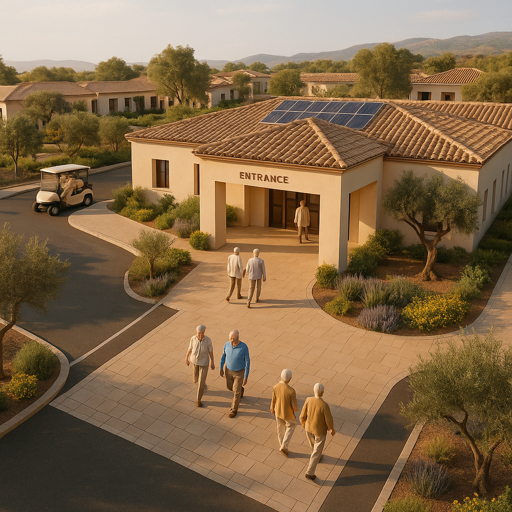 A group of older adults walk toward a building with solar panels. A golf cart is parked nearby.