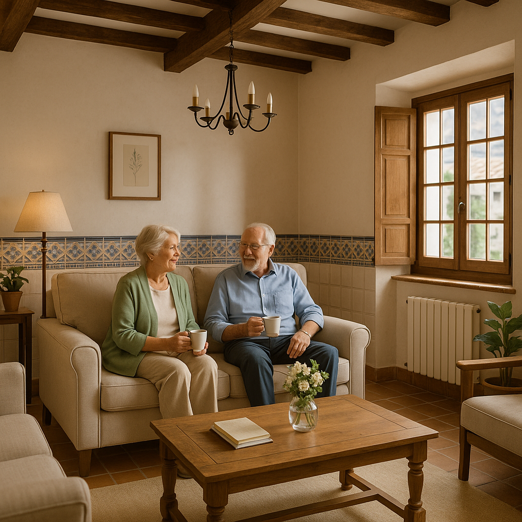 An elderly couple sits on a couch, smiling and holding mugs in a living room.