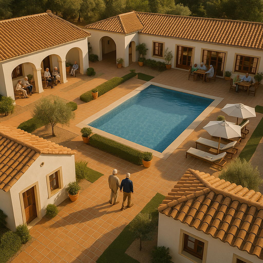 Courtyard with pool, buildings with terracotta roofs, people relaxing.