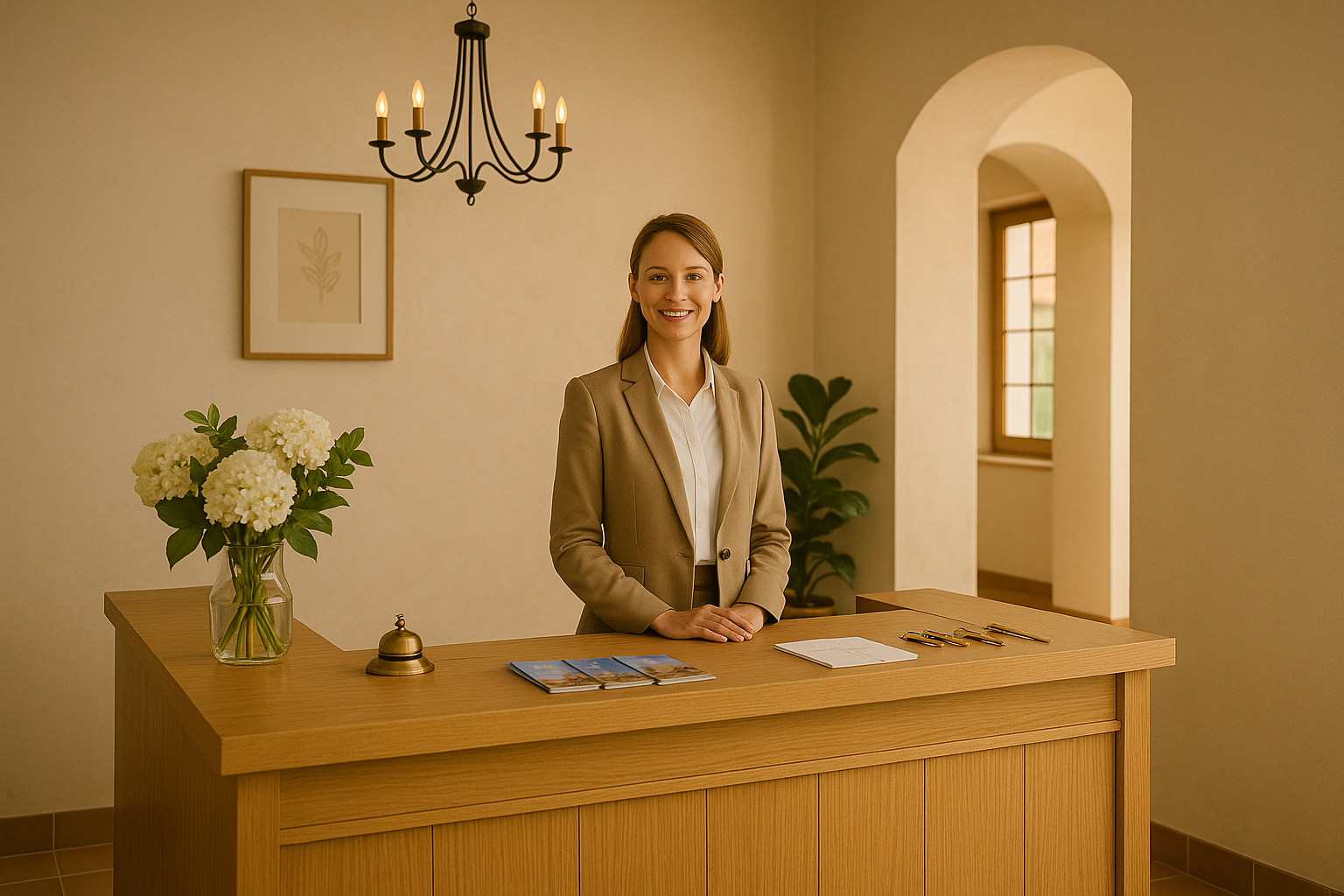 Woman smiles behind a wooden reception desk. Flowers, bell, and brochures present. Chandelier and arched doorway visible.