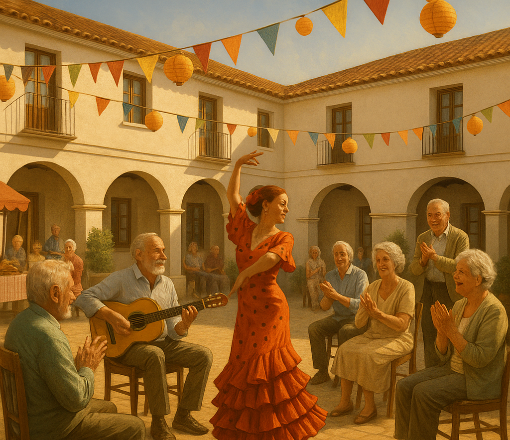 Flamenco dancer performs for seated people in courtyard, guitarist plays. Festive bunting, sunny day.