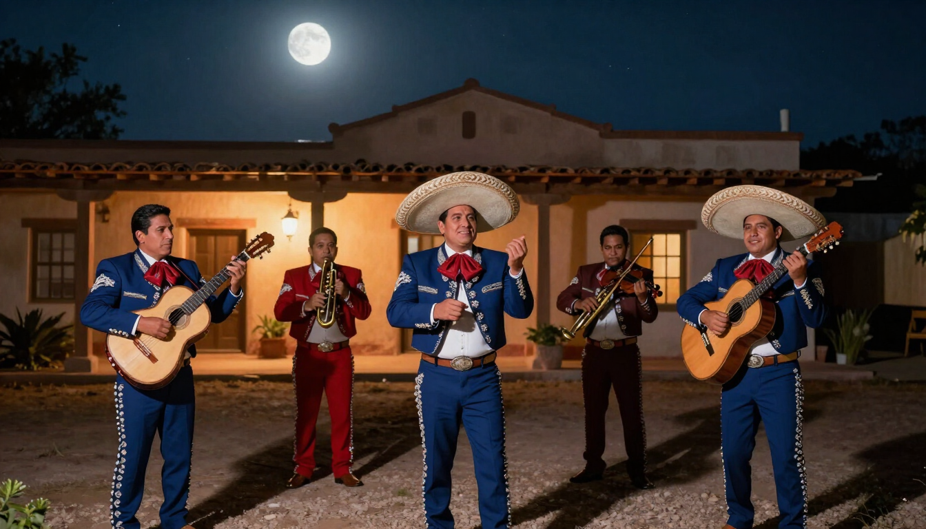 Grupo de mariachis actuando frente a una casa por la noche bajo la luna llena.
