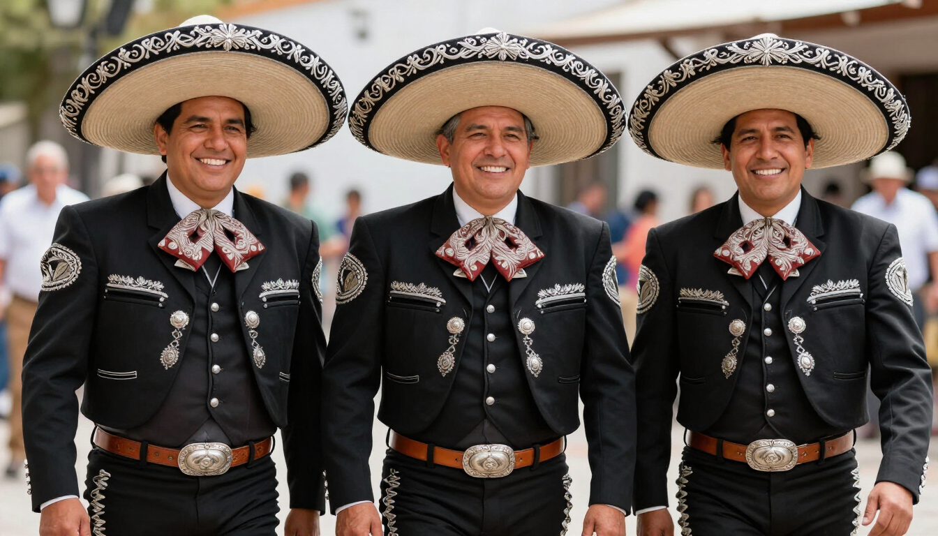 Tres músicos de mariachi con trajes de charro negros y sombreros de pie juntos al aire libre.