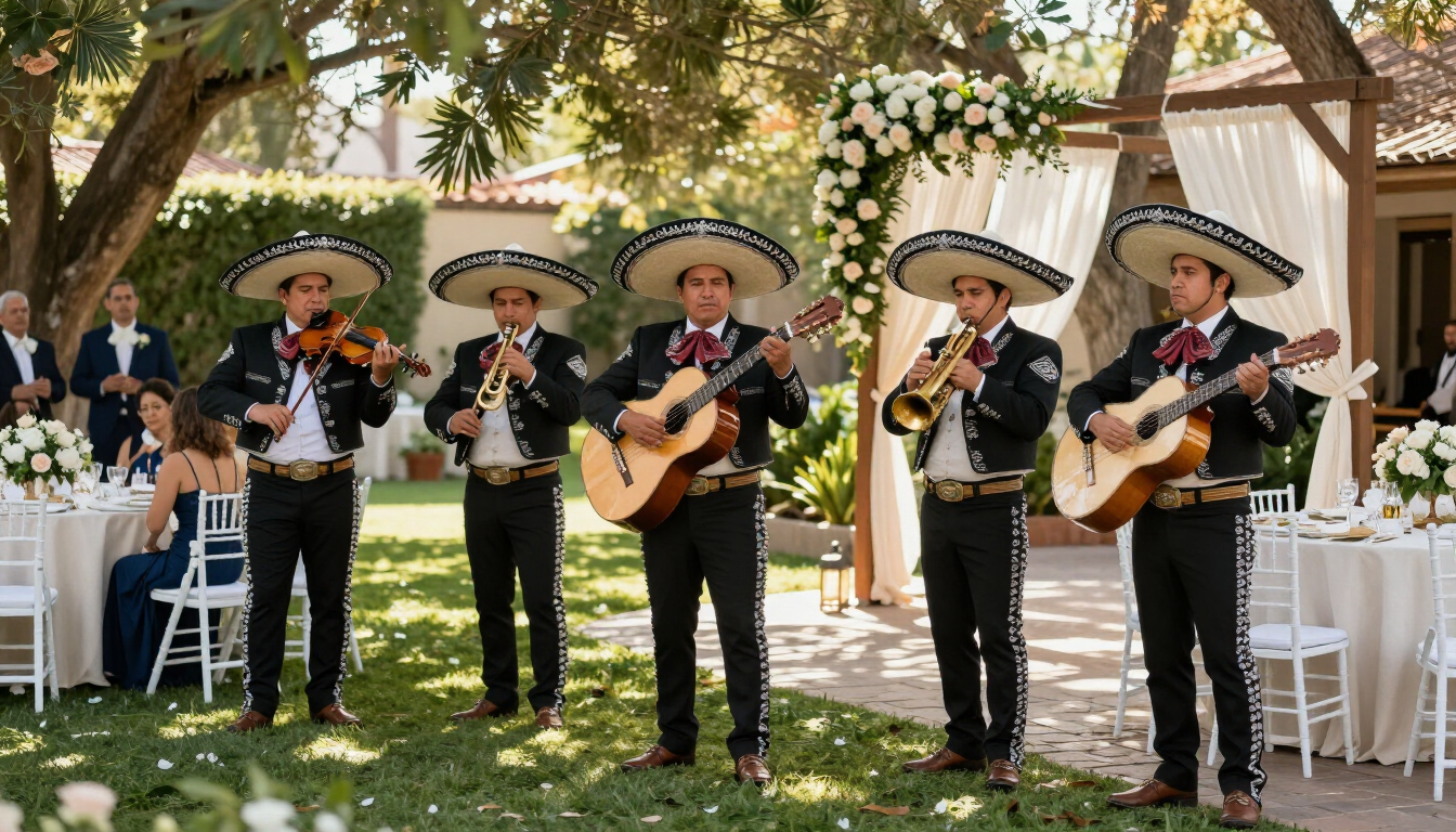 Grupo de mariachis actuando al aire libre en una boda en un jardín, bajo un árbol, con decoración floral y mesas blancas.