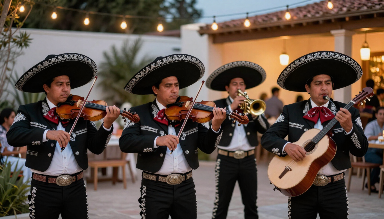 Grupo de mariachis vestidos con trajes de charro negros y sombreros.