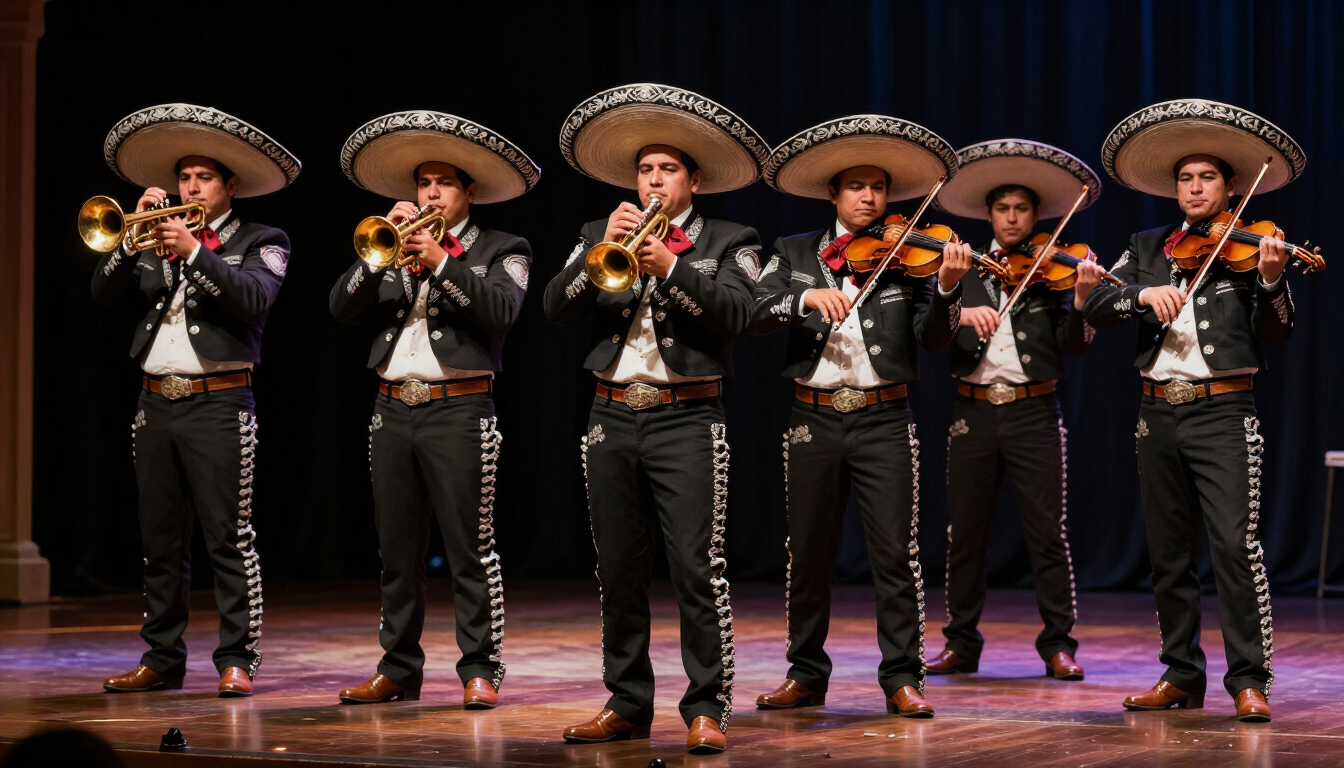 Seis músicos de mariachi vestidos con trajes negros y sombreros actuando en el escenario con violines y trompetas.