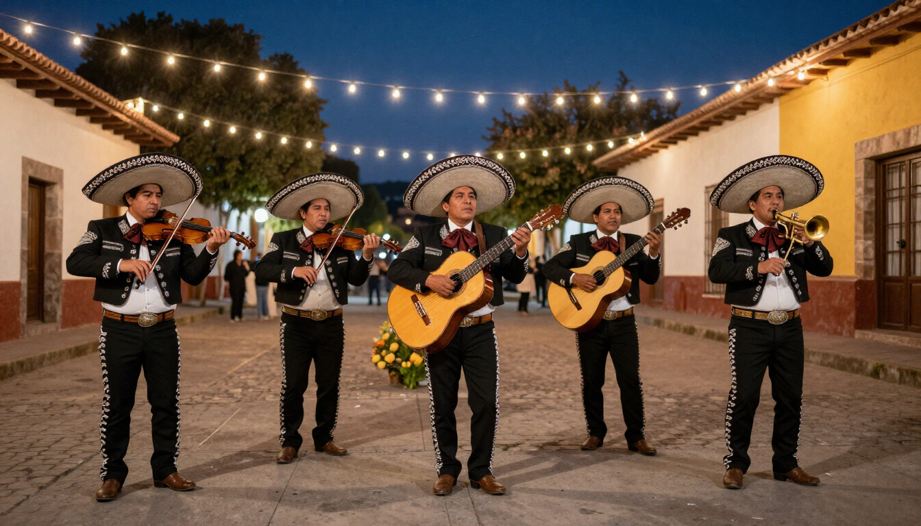 Un grupo de mariachis toca guitarras y violín en un patio iluminado por la noche.