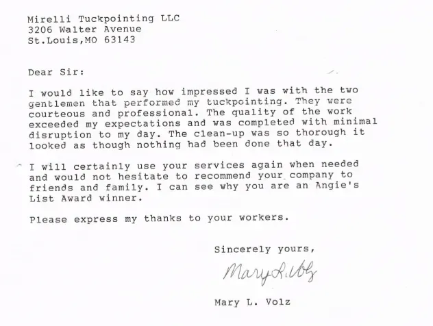 Review From Mary — St. Louis, MO — Mirelli Tuckpointing LLC