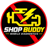 Shop Buddy Mobile Diagnostics logo: black and red circle with yellow lightning bolt and white-yellow text