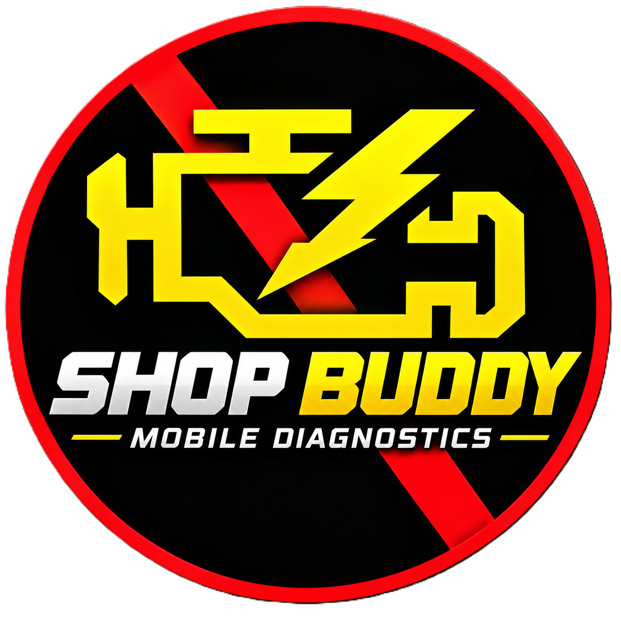 Shop Buddy Mobile Diagnostics logo: black and red circle with yellow lightning bolt and white-yellow text