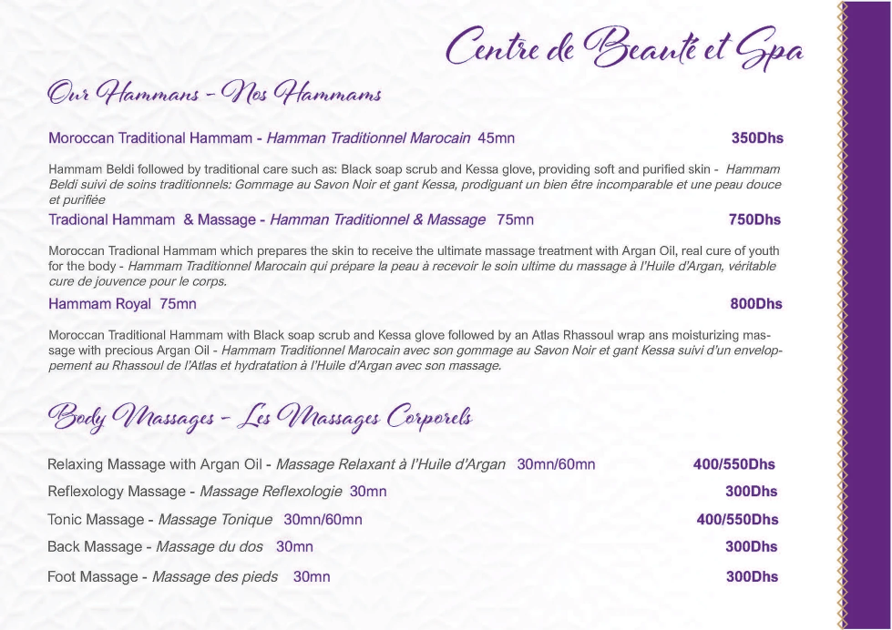 Spa menu: Hammams and body massages in French and English.