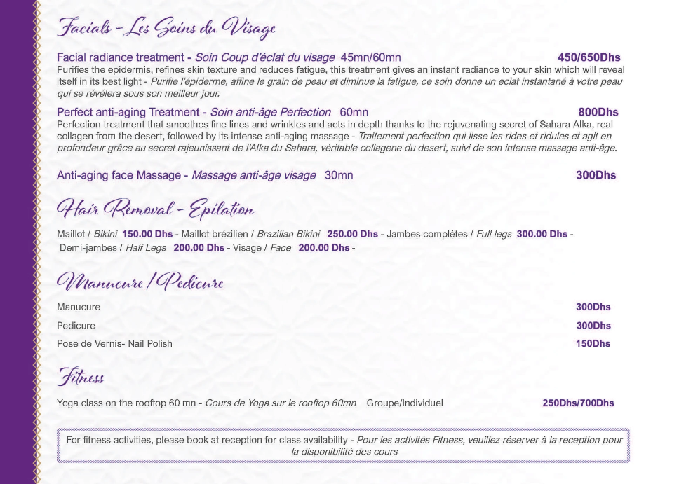 Spa service menu with price list; purple background, white text.