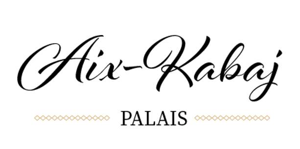 Logo for Aix-Kabaj Palais. Script font in black, 