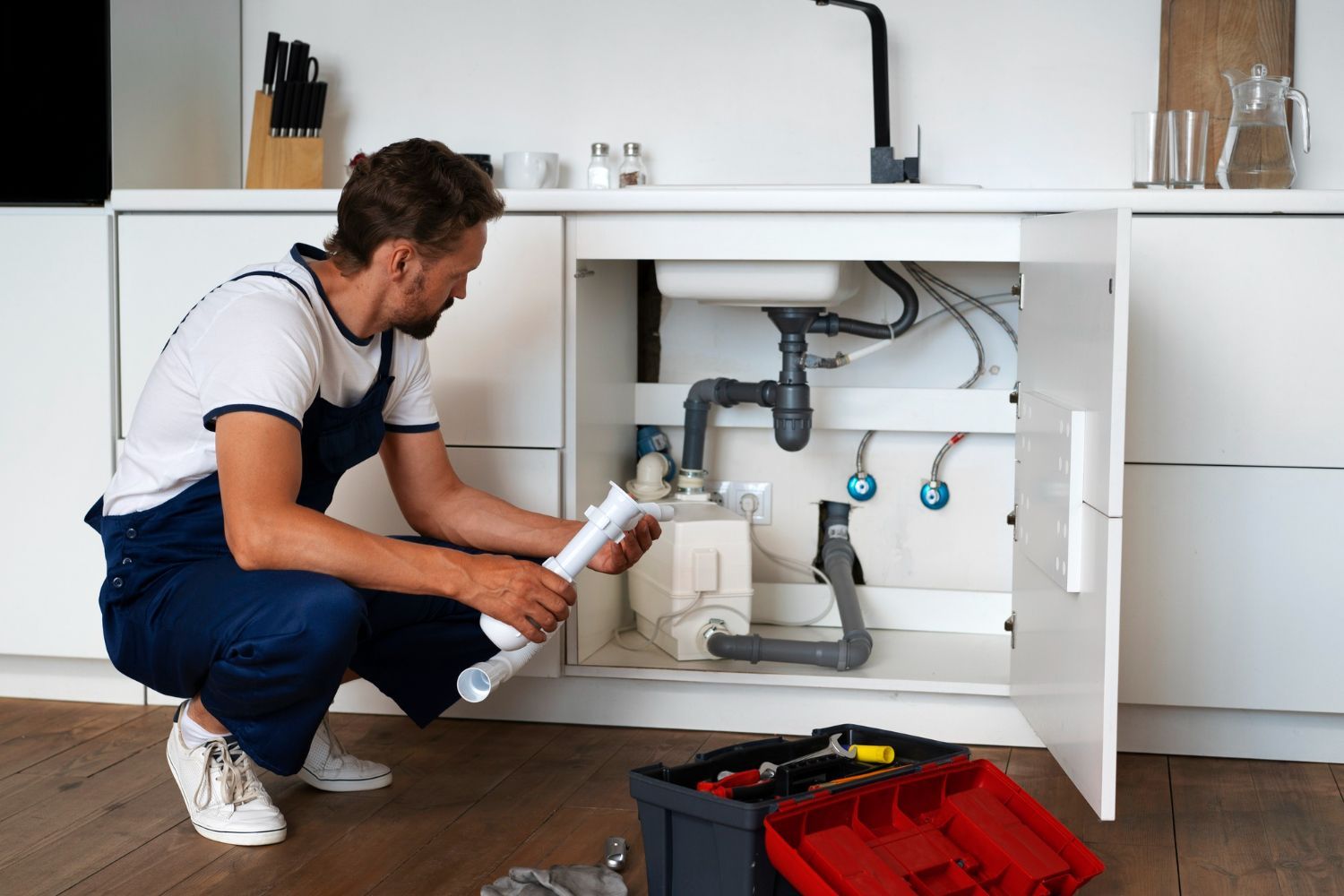 Plumber examines pipes under a white kitchen sink, holding a part, with a toolbox nearby.