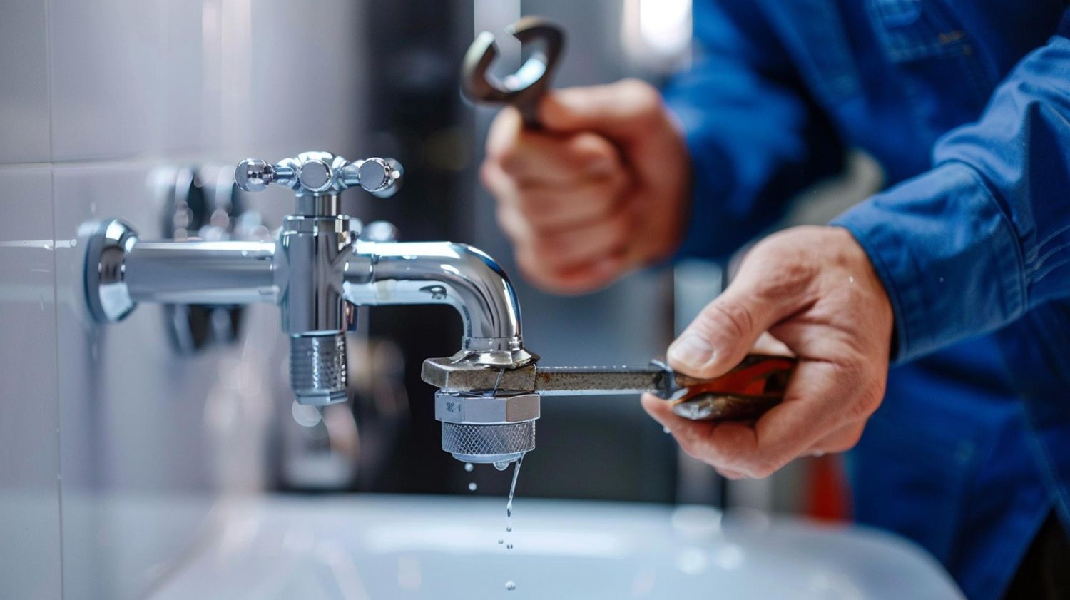Plumber using wrenches to repair a leaky faucet over a white sink.