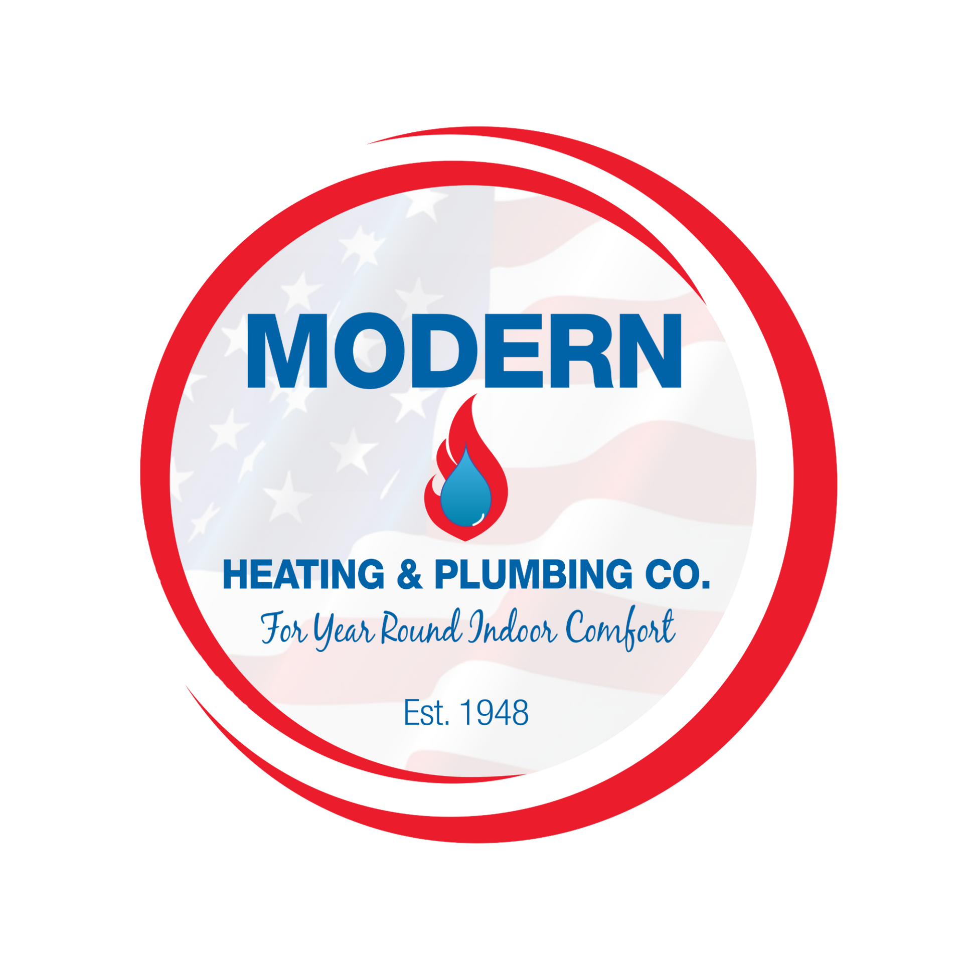 Logo for Modern Heating and Plumbing: Red and white text on a blue and red background, in a stylized badge.