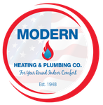 Logo for Modern Heating and Plumbing: red, white, and blue, with 