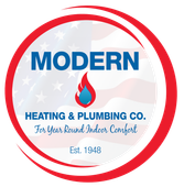 Logo for Modern Heating and Plumbing: red, white, and blue, with 