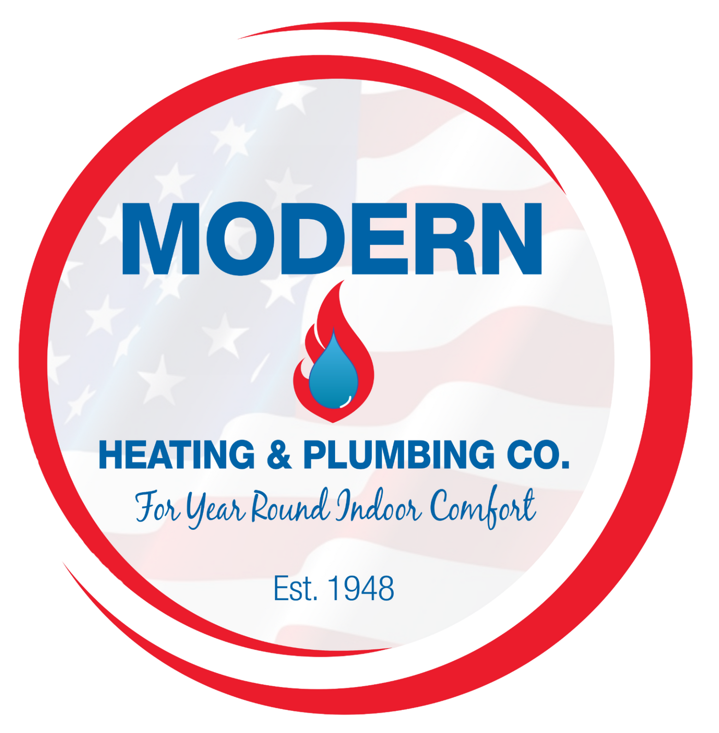 Logo for Modern Heating and Plumbing: red, white, and blue, with 