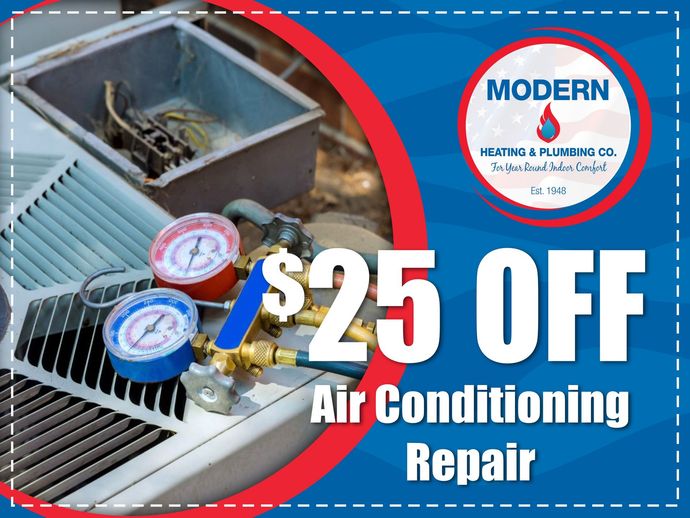Plumber working on a heating system, offering $25 off any repair over $150.