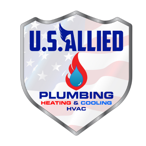 Logo for U.S. Allied: blue and red emblem with flame symbol and text "U.S. ALLIED" and "PLUMBING, HEATING, AND COOLING."
