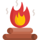 Campfire with red and yellow flames atop brown logs, with rising wisps of smoke.