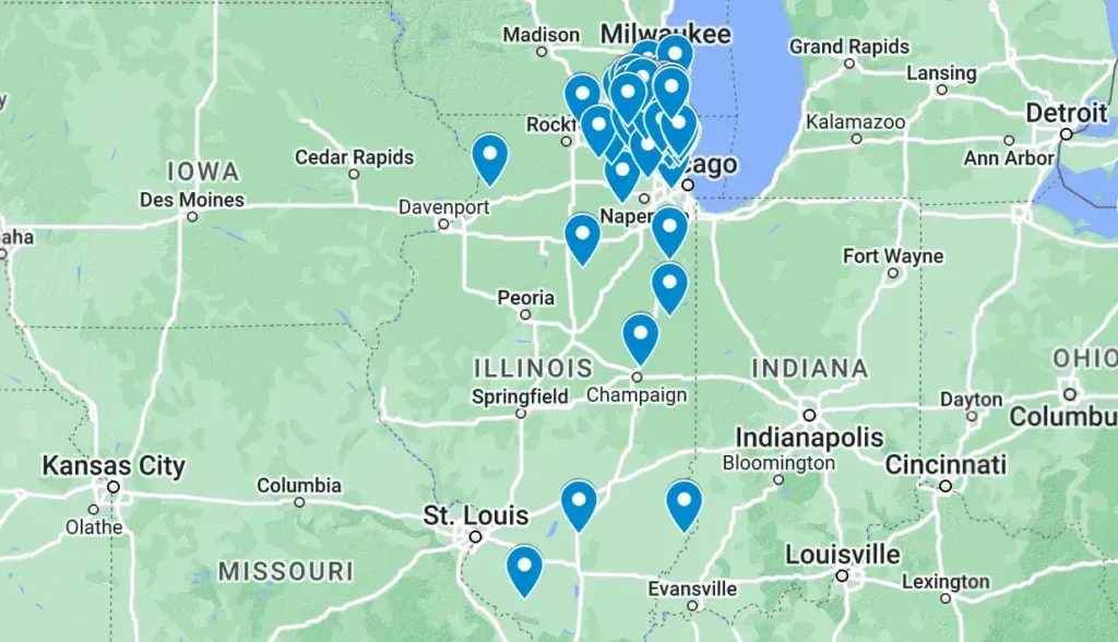 Map of Illinois and surrounding states with blue location markers.