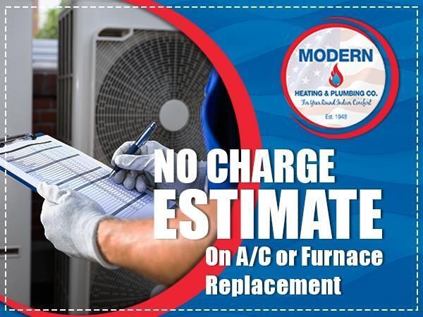 Advertisement for Modern Heating & Plumbing: offering free estimates on AC or furnace replacements. Technician writing on a clipboard by an outdoor unit.